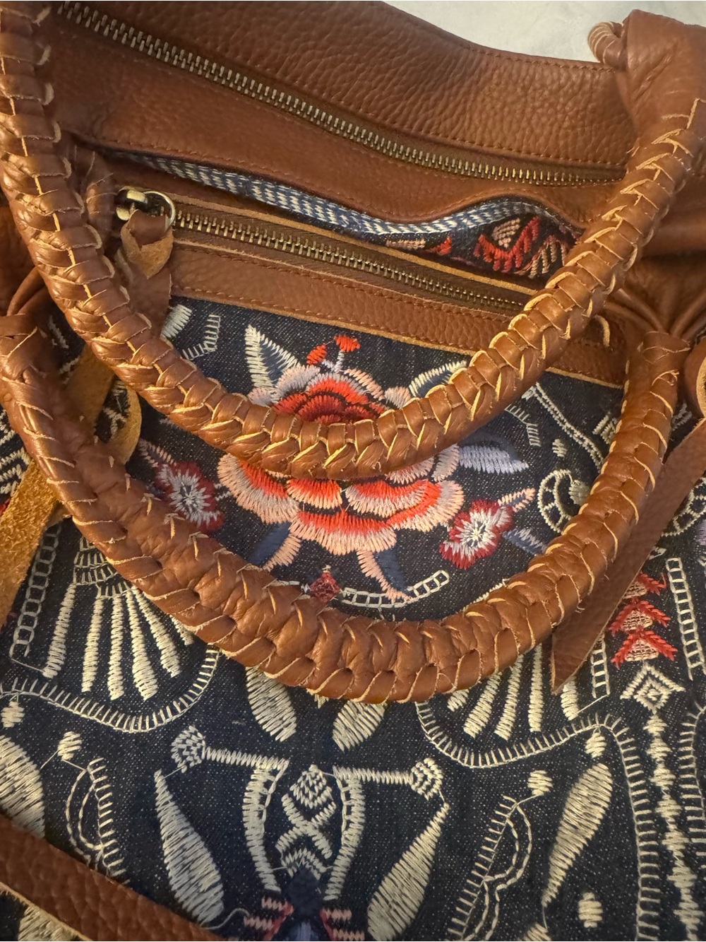 Johnny Was Navy Denim Embroidered Floral Weekender Bag with Brown Trim - Picture 11 of 13